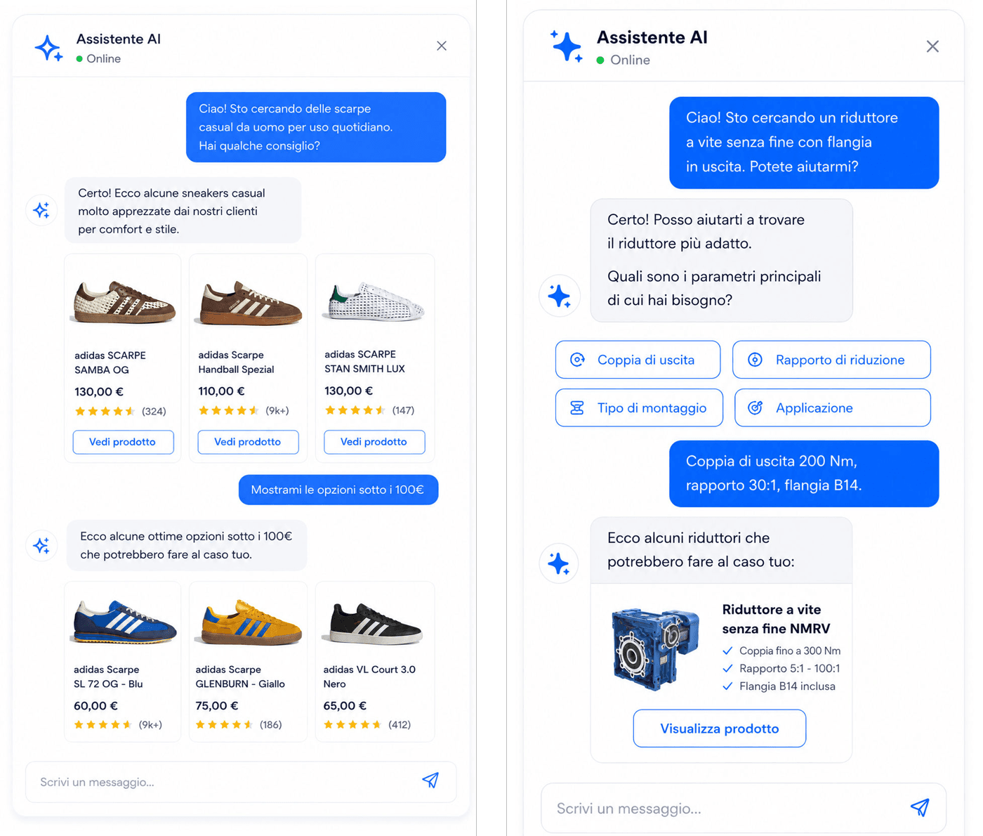 Due chat dell'assistente AI per e-commerce: consigli su scarpe (B2C) e ricerca di un riduttore (B2B)
