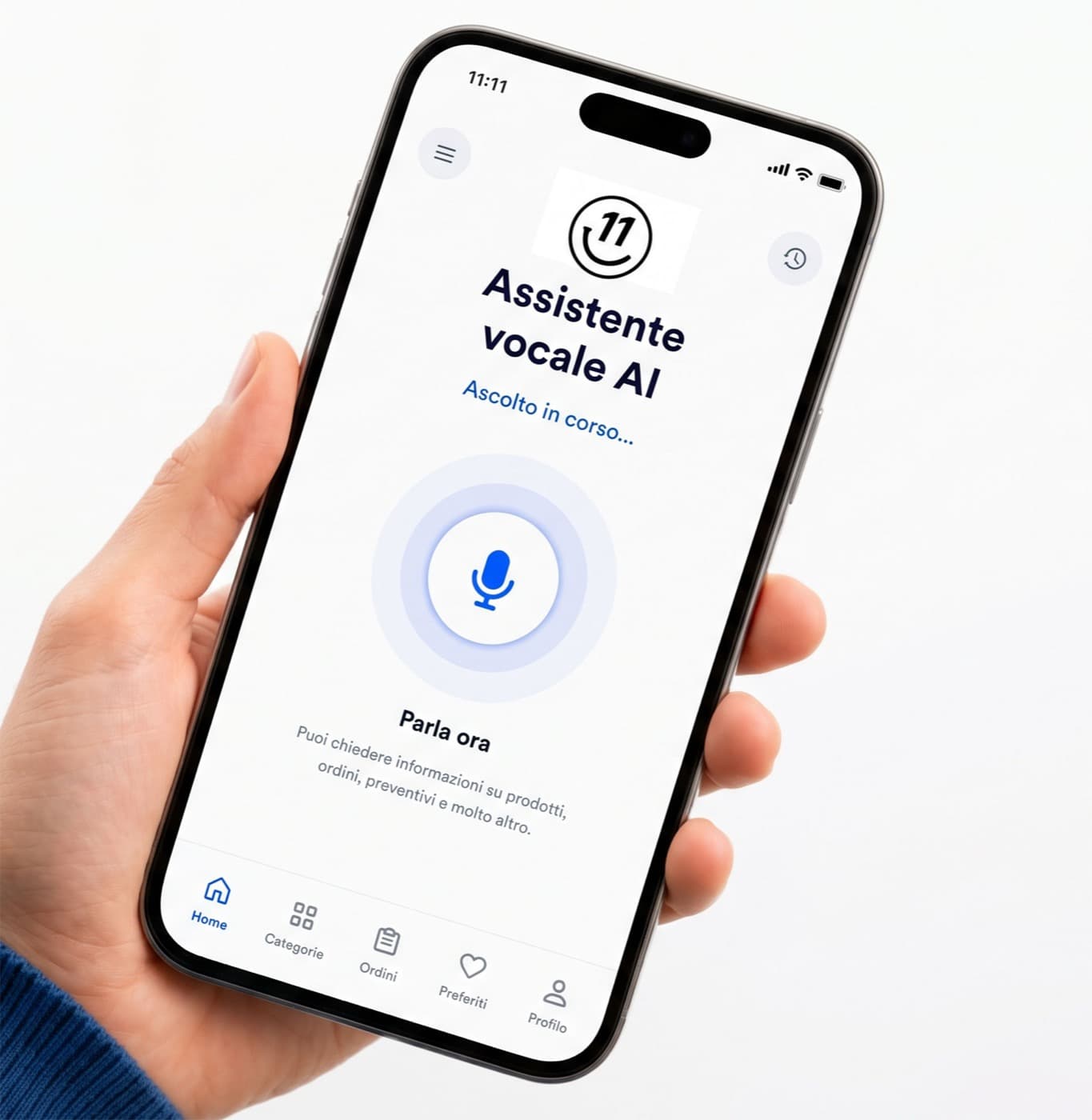 Smartphone con l'app dell'assistente vocale AI di Undici in ascolto