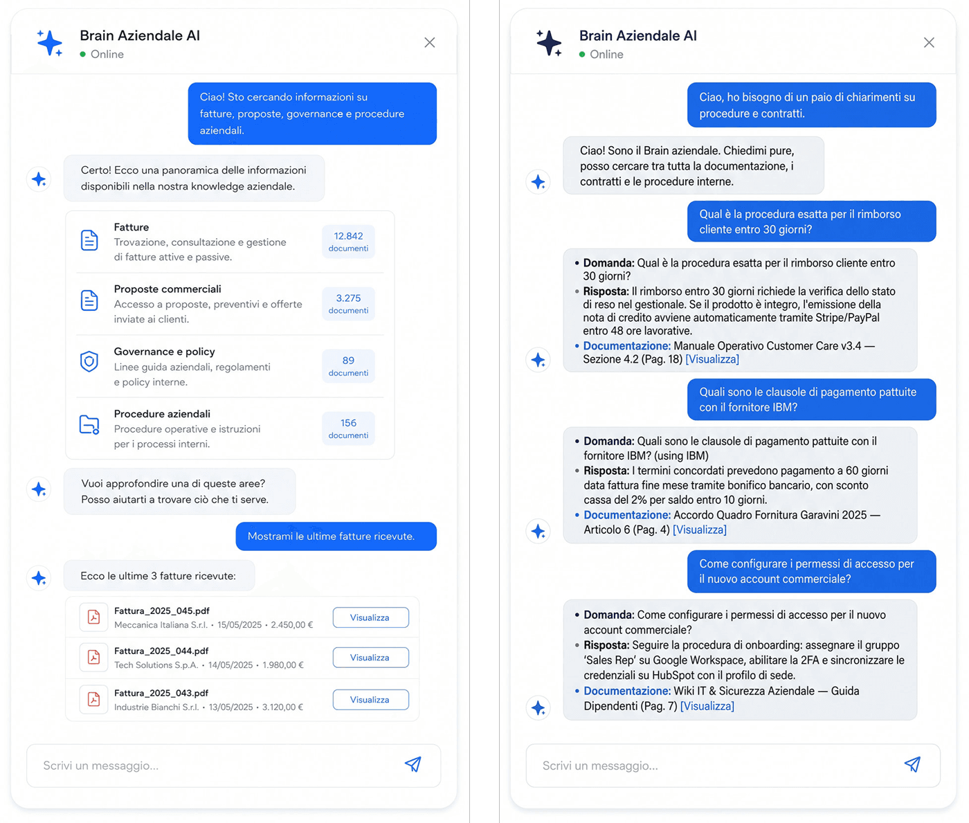 Due chat del Company Brain: ricerca di fatture, proposte e procedure nella knowledge aziendale