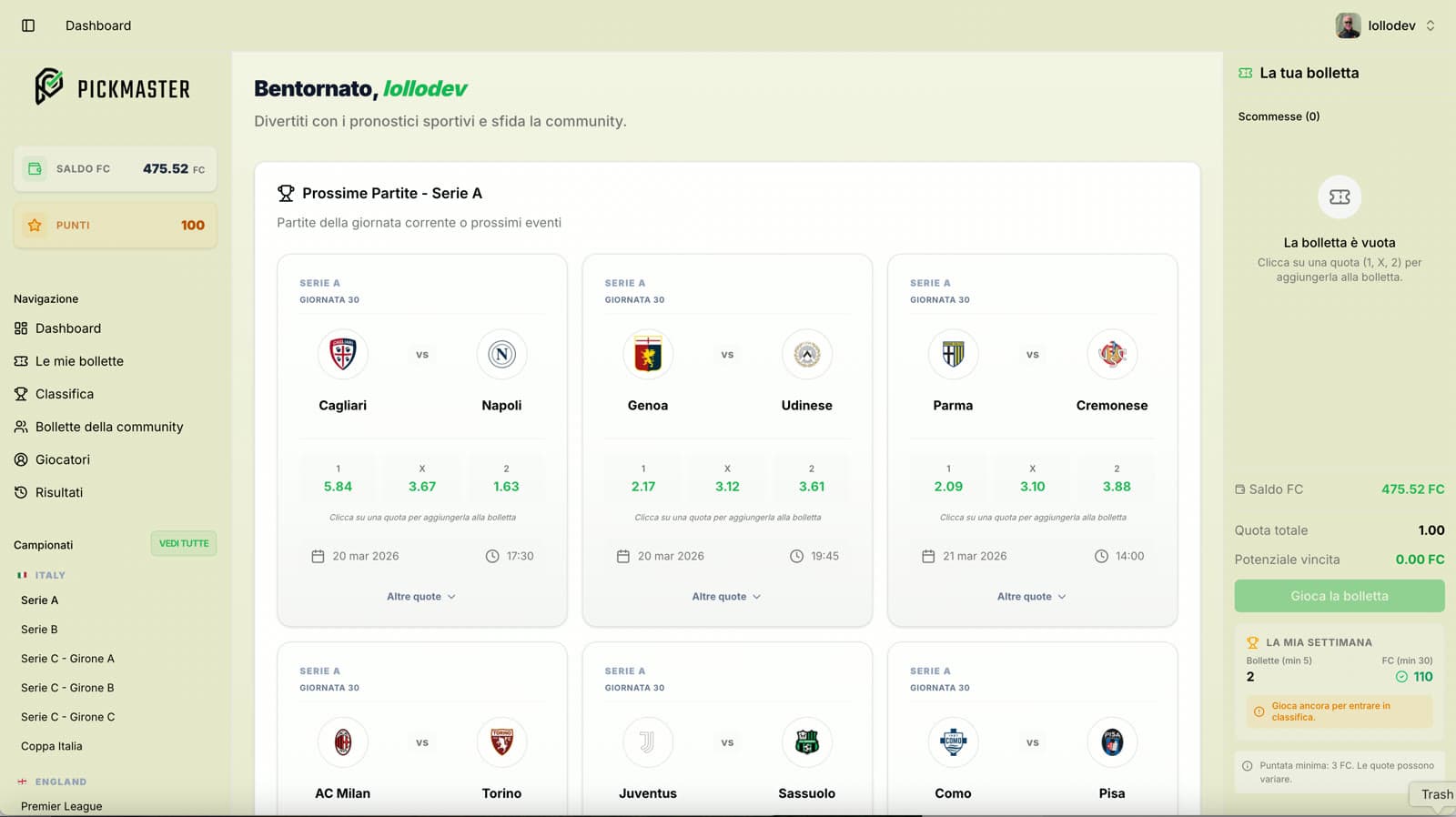 Dashboard di Pick Master con le partite di Serie A e le quote